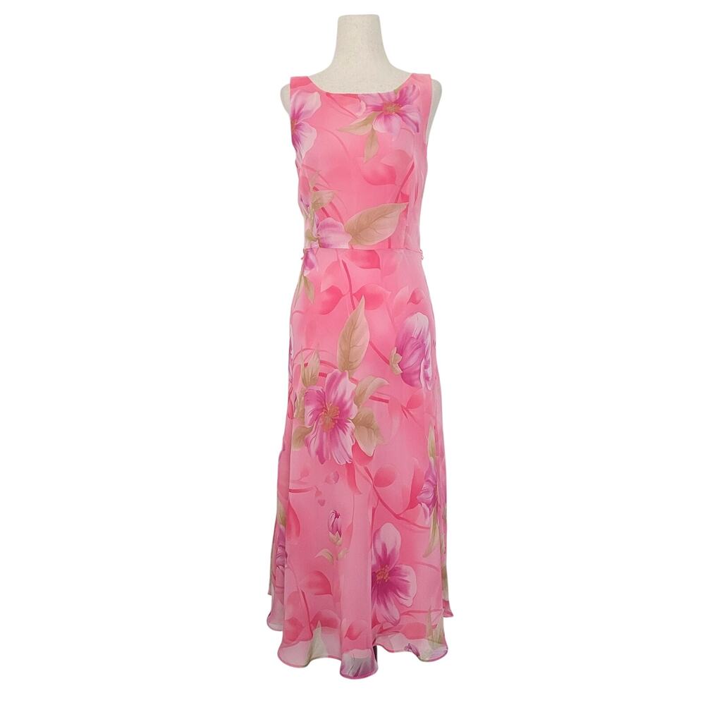 Vintage 90s Y2k Floral Maxi Dress Size 8 Pink Tropical Resort Beach Bloomcore